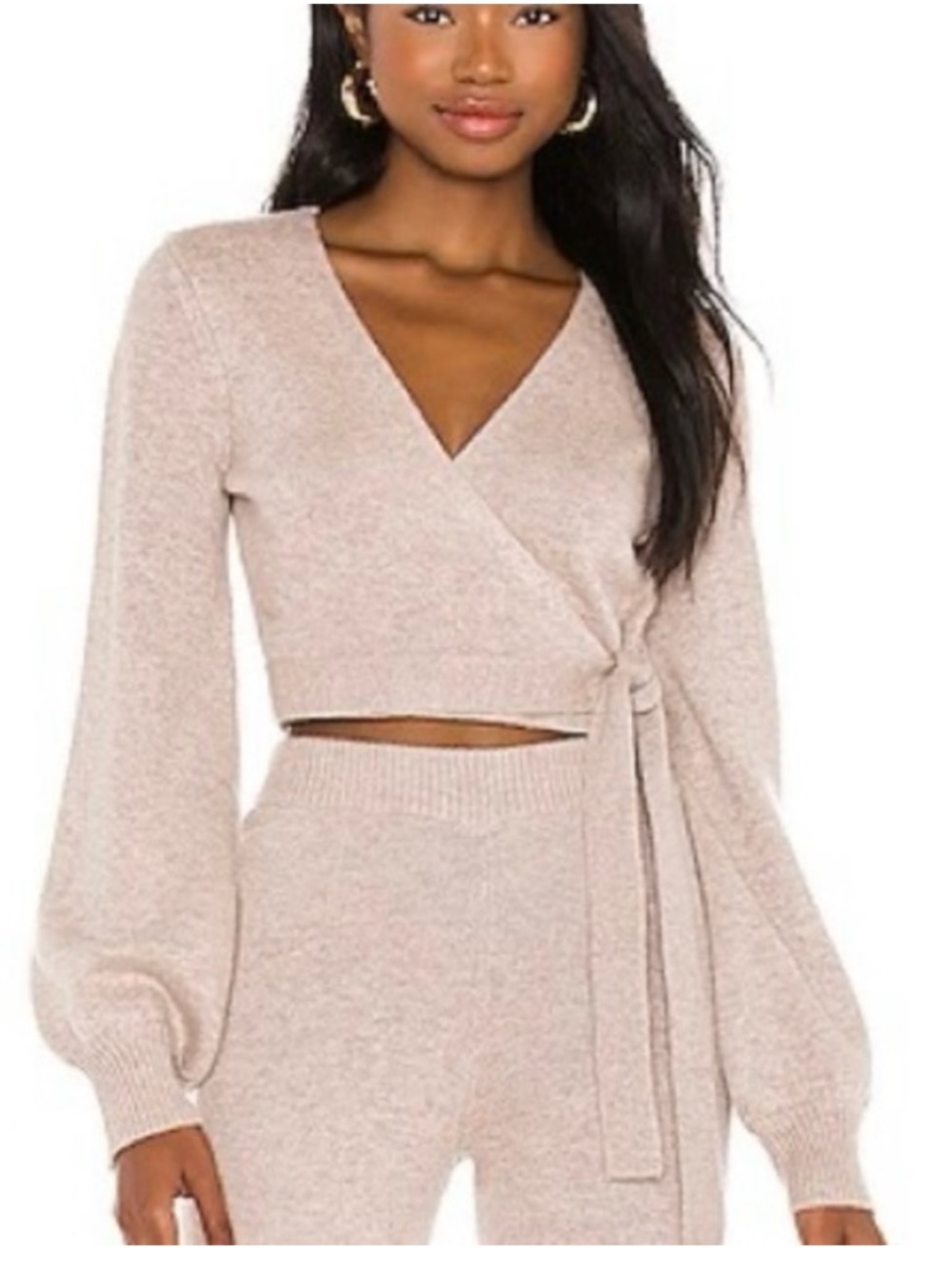 LPA Cropped Wrap Knit Top in Light Beige